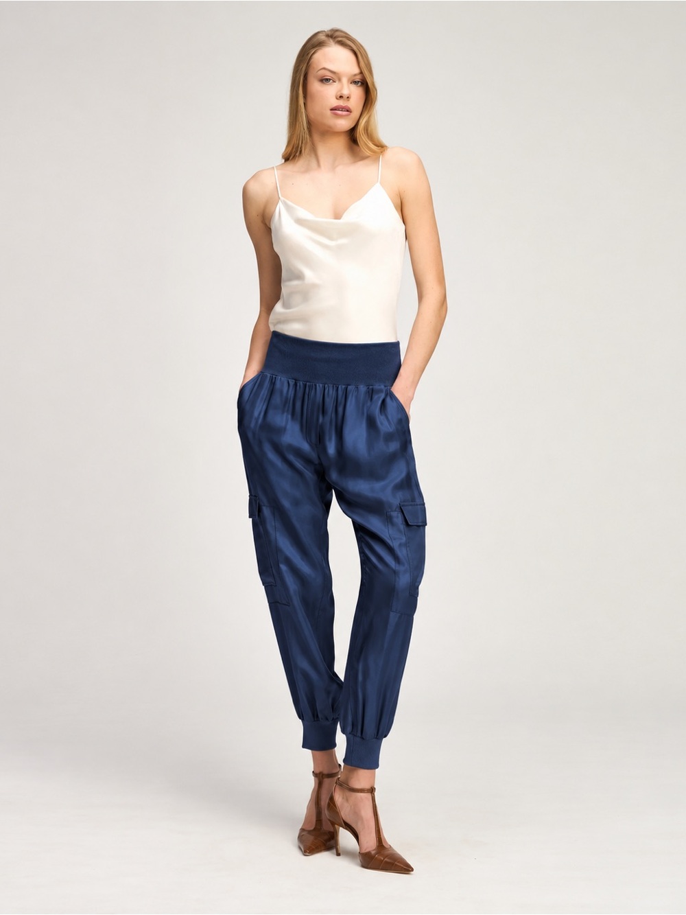 Cinq à Sept Giles Navy Satin Cupro Cargo Jogger Pants Size L